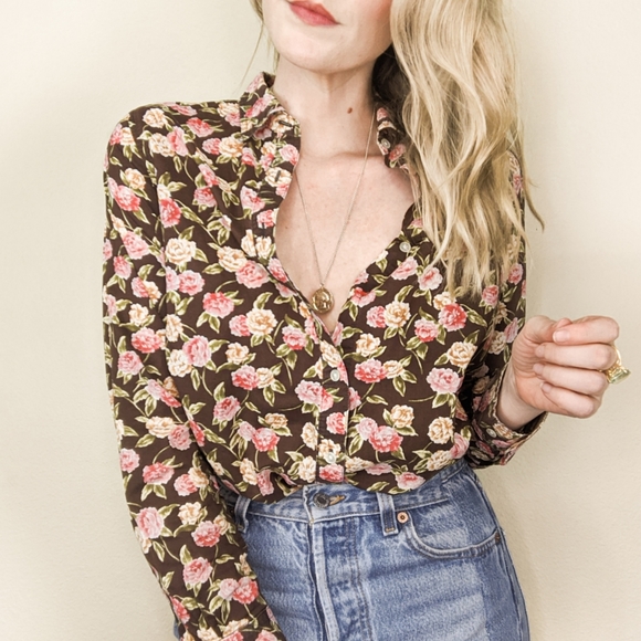 90s Brown Floral Long Sleeve Button Down Blouse - Picture 3 of 14
